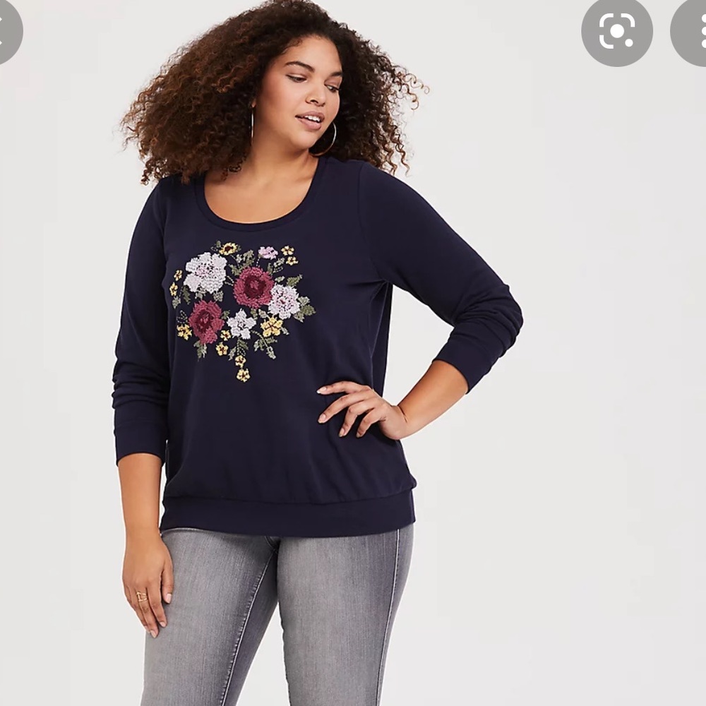 Torrid Plus Size 1X Navy Blue Floral Embroidered Crewneck Sweatshirt